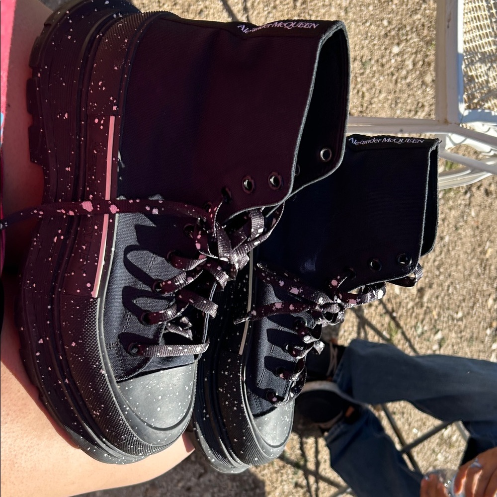 Alexander McQueen Black Combat Boots with Pink and White Splatter